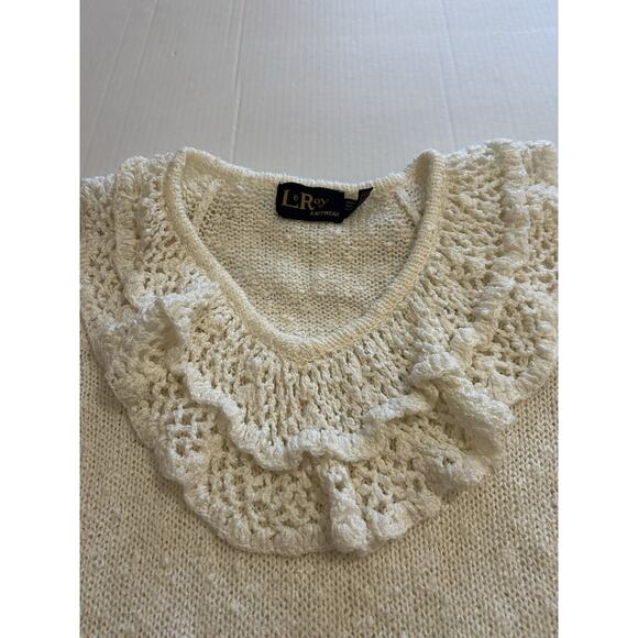 Vtg 80s LeRoy knitwear Ivory Sweater Sz Small Ruffle Crochet Cottagecore Frilly - Picture 7 of 13